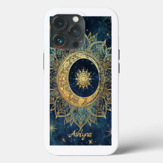 Funda Para iPhone 13 Pro Blue Celestial Gold Moon Mandala