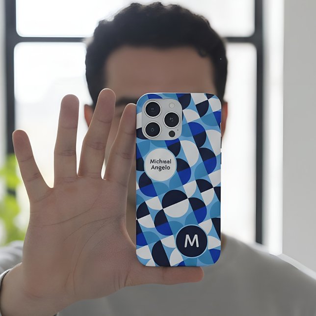Funda Para iPhone Blue Geometric Mosaic Bauhaus Monogram Custom Name (Subido por el creador)