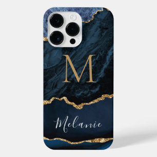 Funda Para iPhone 14 Pro Max Blue Gold Marble Custom Name Letra iPhone Case