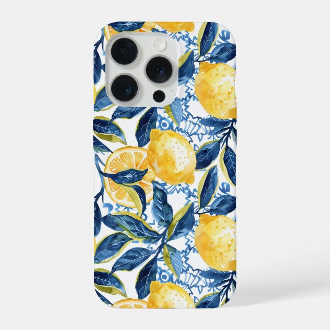 Funda Para iPhone Blue Mediterranean Style Lemon Pattern iPhone Case (Reverso )