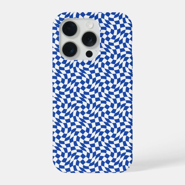 Funda Para iPhone Blue modern retro swirl checkered (Reverso )