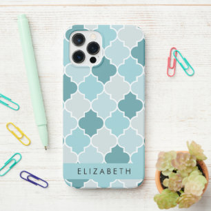 Funda Para iPhone 12 Pro Blue Moroccan Trellis, Quatrefoil, tu nombre