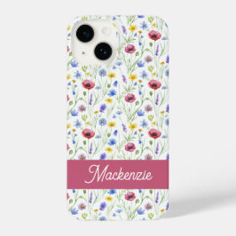 Funda Para iPhone 14 Blue Pink Wildflower Botanical Custom Name 