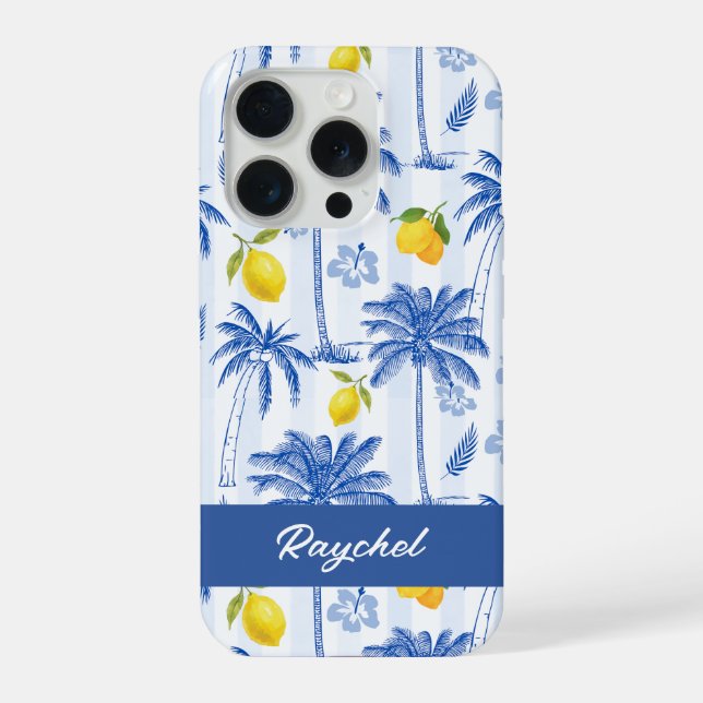 Funda Para iPhone Blue Toile Palm Trees Lemons Monogram Name (Reverso )