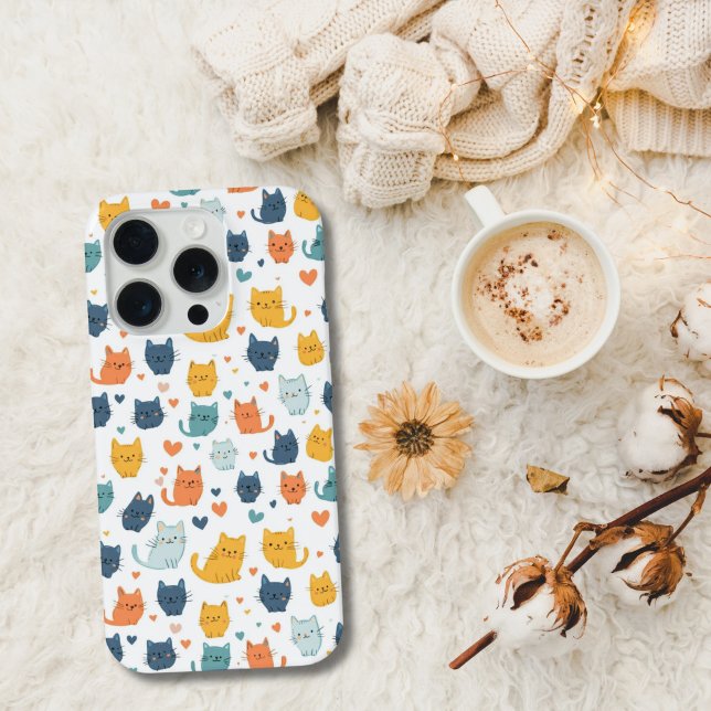 Funda Para iPhone Blue Yellow Orange Kawaii Cat Pattern Cat Lover (Blue orange and yellow cute kawaii whimsical cat pattern on this iPhone. Available on all current )