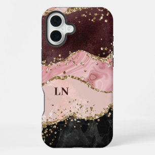 Funda Para iPhone 16 Plus Blush Negro Glitter Oro Ágata Monograma