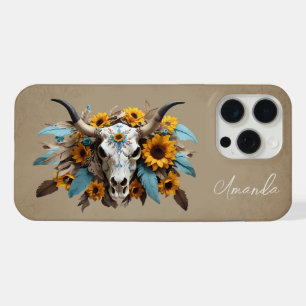 Boho Chic Acuarela Girasol Pluma Cráneo de Vaca