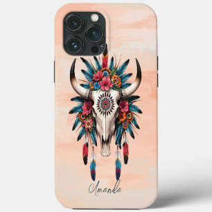 Funda Para iPhone 13 Pro Max Boho Chic Acuarela Tribal Floral Cráneo de Vaca