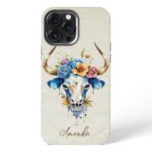 Boho Moda Watercolor Floral Cow Skull