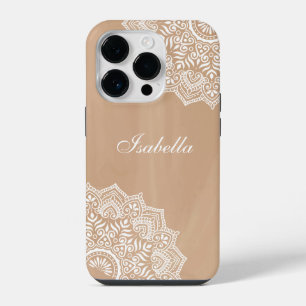 Funda Para iPhone 14 Pro Boho Neutral Mandala Nombre Personalizado