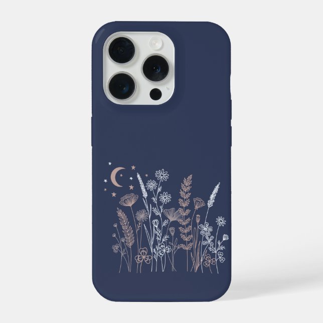 Funda Para iPhone Boho Night Sky Floral Illustration – Moon, Stars & (Reverso )