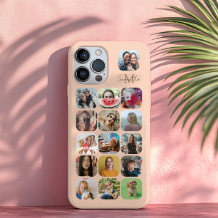 Funda Para iPhone 16 Pro Max Boho Pastel Paz Colage de 16 Fotos y Monograma