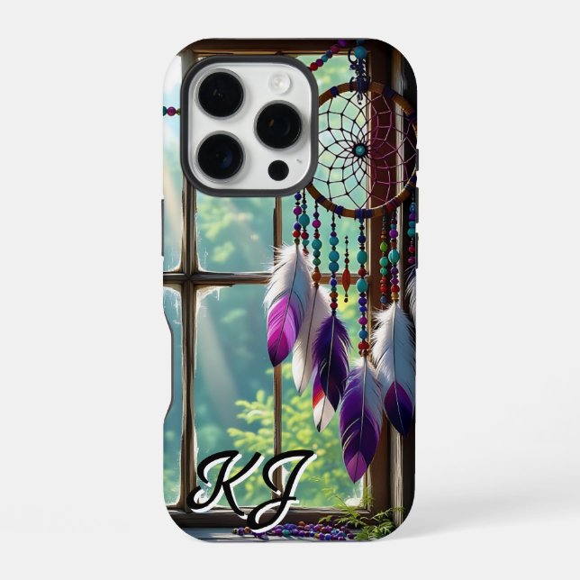 Funda Para iPhone Boho Purple Dreamcatcher in Window Monogrammed (Reverso )