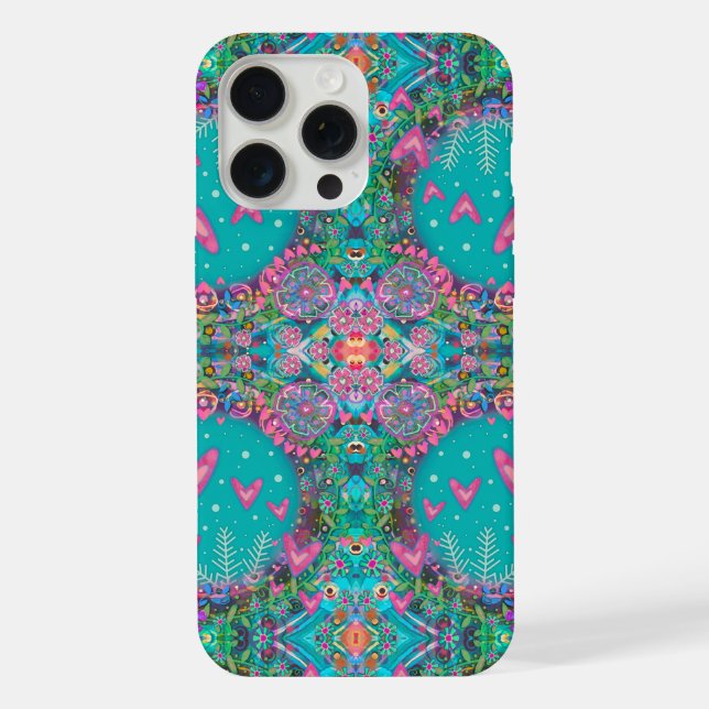 Funda Para iPhone Bonito Fun Blue Boho Hearts Flowers Pattern (Reverso )