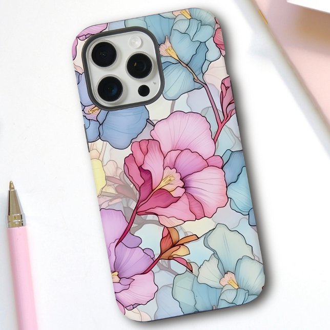 Funda Para iPhone Bonito Pastel Floral Vidrio Manchado Rosa y Azul (Subido por el creador)