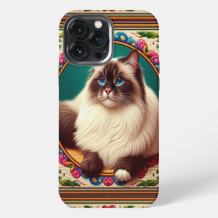 Funda Para iPhone 13 Pro Max Borde de flores coloridas de gato birmano decorati