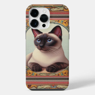 Funda Para iPhone 14 Pro Max Borde floral de color de gato siamés lindo y reali
