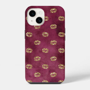 Funda Para iPhone 14 Borgoña Purpurina de oro besa los labios
