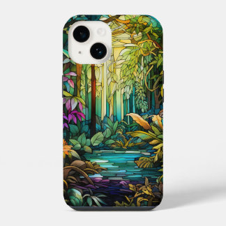 Funda Para iPhone 14 Bosque tropical de vidrio manchado