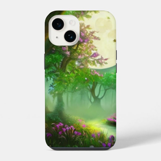 Funda Para iPhone Bosque verde y luna llena (Reverso )