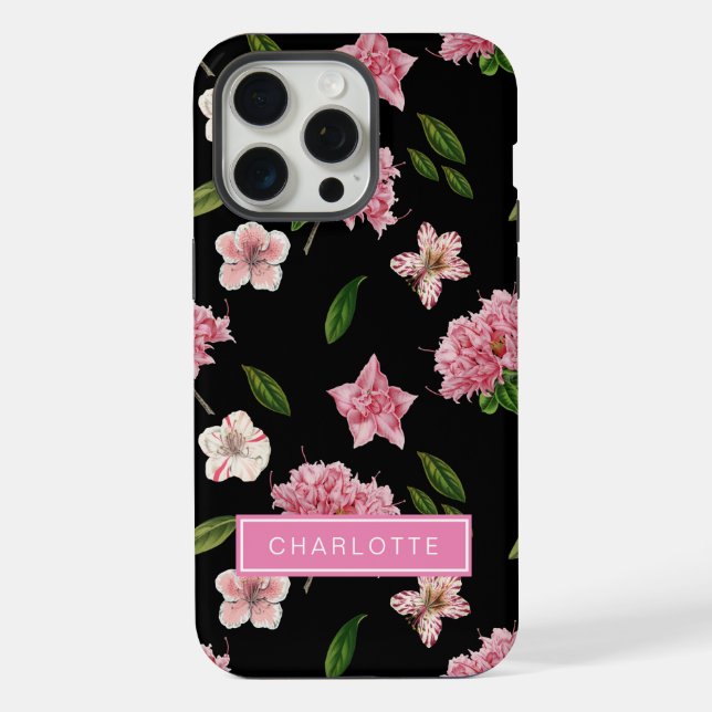 Funda Para iPhone Botánico Negro con Flores Rosas  (Reverso )