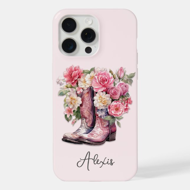 Funda Para iPhone Botas rosadas con flores monogramadas (Reverso )