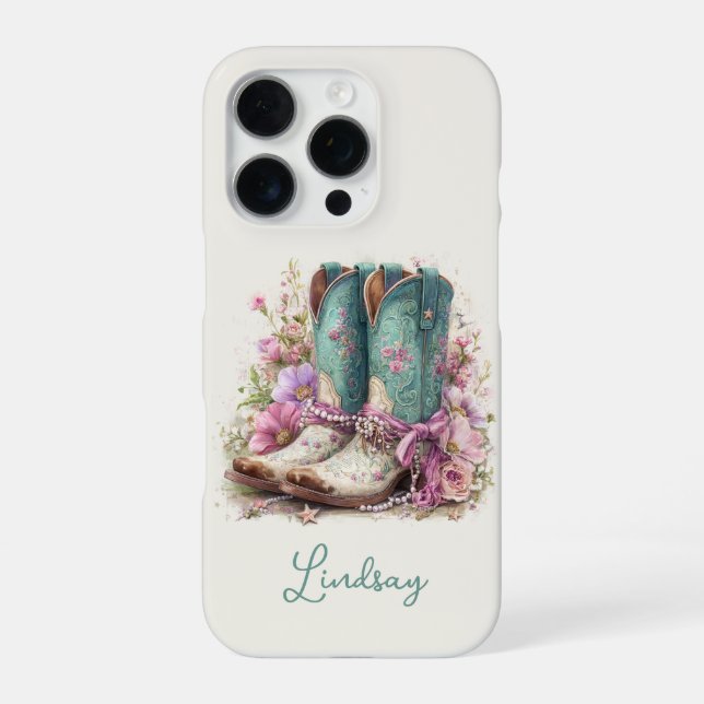 Funda Para iPhone Botas turquesa elegantes con flores monogramadas (Reverso)