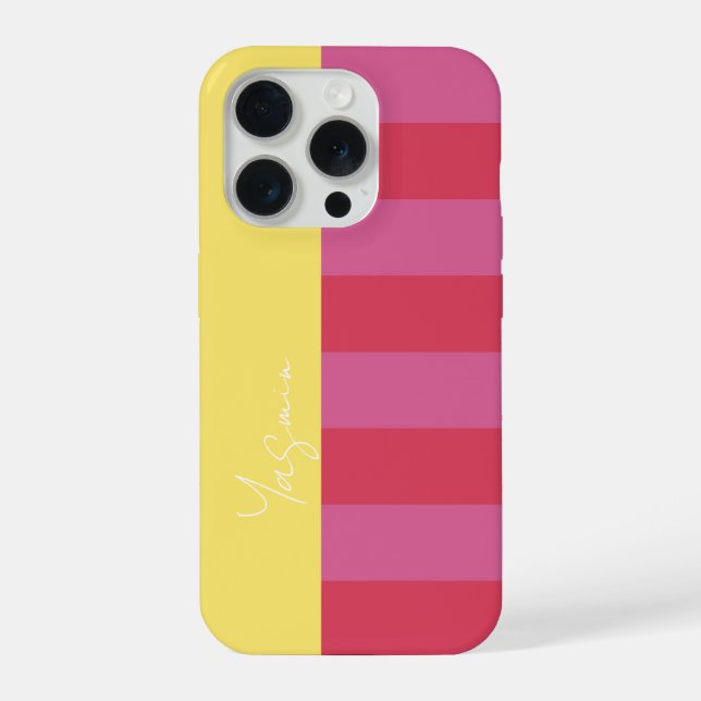 Funda Para iPhone Bright Cheerful pink and yellow striped design (Reverso )