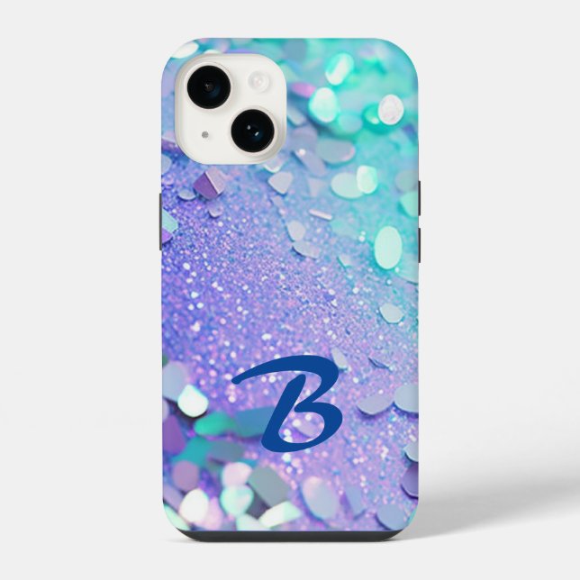 Funda Para iPhone Brillo de menta lavanda azul monogramado (Reverso )