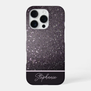 Funda Para iPhone 16 Pro Brillo de Purpurina Negro Nombre Personalizado
