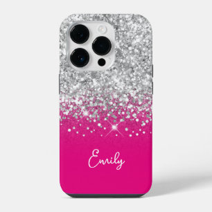 Funda Para iPhone 14 Pro Brillo de rosa caliente y plata Glam