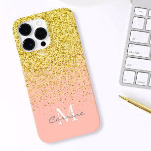 Funda Para iPhone 14 Pro Max Brillo Dorado Metálico Lluvia + Monograma de Cuarz