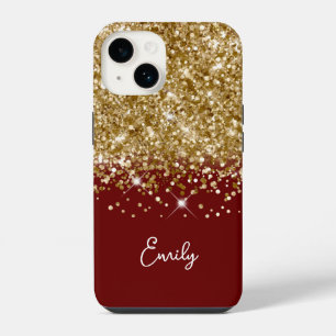 Funda Para iPhone 14 Brillo Glam Rojo Oscuro y Dorado