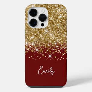 Funda Para iPhone 14 Pro Max Brillo Glam Rojo Oscuro y Dorado