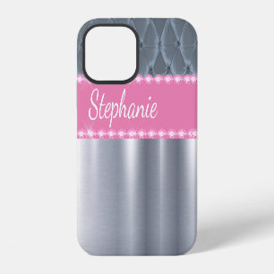 Funda Para iPhone 12 Brillo Metálico Plateado Nombre Glam Rosa