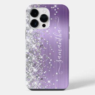 Funda Para iPhone 14 Pro Max Brillo Plateado Luz Morado Glam Femenino Firma