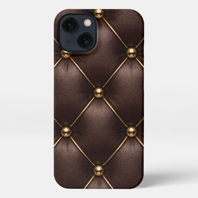 Funda Para iPhone Brown Quilted Leather & Gold Studs Phone Case (Reverso )