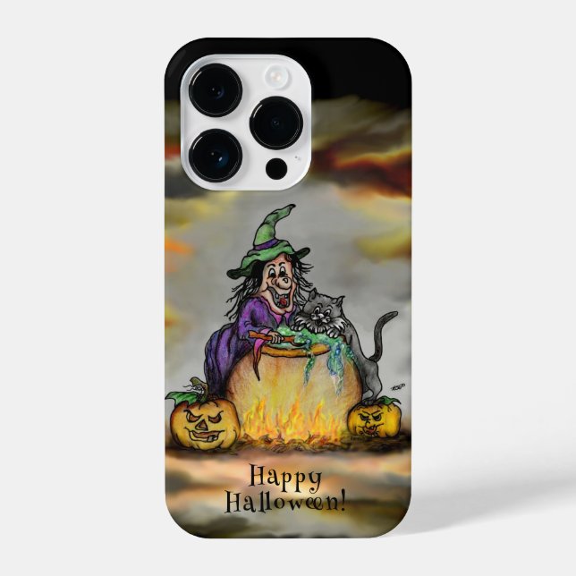 Funda Para iPhone Bruja y gato negro, ¡Feliz Halloween! (Reverso )