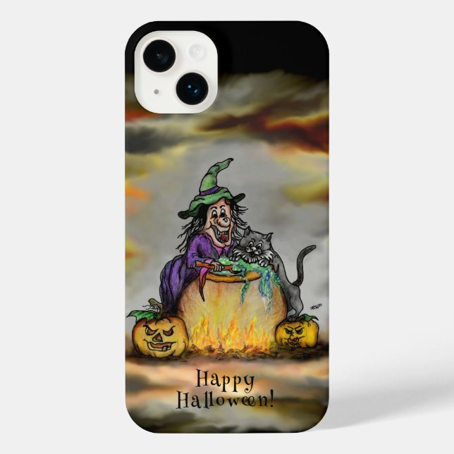 Funda Para iPhone Bruja y gato negro, ¡Feliz Halloween! (Reverso )