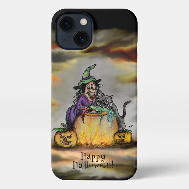 Funda Para iPhone Bruja y gato negro, ¡Feliz Halloween! (Reverso )