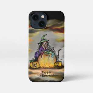 Funda Para iPhone 13 Mini Bruja y gato negro, ¡Feliz Halloween!