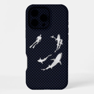 Funda Para iPhone 16 Pro Max Buceador cromado con tiburones en fibra de carbono