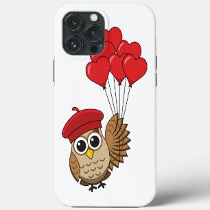 Funda Para iPhone 13 Pro Max Búho Lindo Vuela con Globos en Forma de Corazón