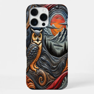 Funda Para iPhone 16 Pro Max Búho Posado en el Árbol Bajo una Luz de Luna Roja