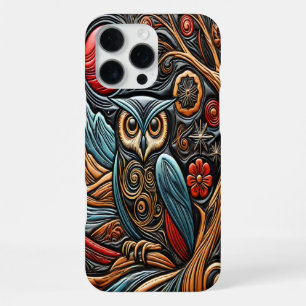 Funda Para iPhone 16 Pro Max Búho Posado en el Árbol Bajo una Luz de Luna Roja