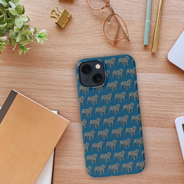 Funda Para iPhone Bulldog inglés Cute Perro Silhouette Grid Blue (Bulldog silhouette blue phone case cover)