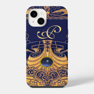 Funda Para iPhone 14 Buque antiguo, delfines, oro, monograma azul marin