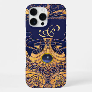 Funda Para iPhone 16 Pro Max Buque Antiguo,Delfines,Oro,Monograma Azul Marino