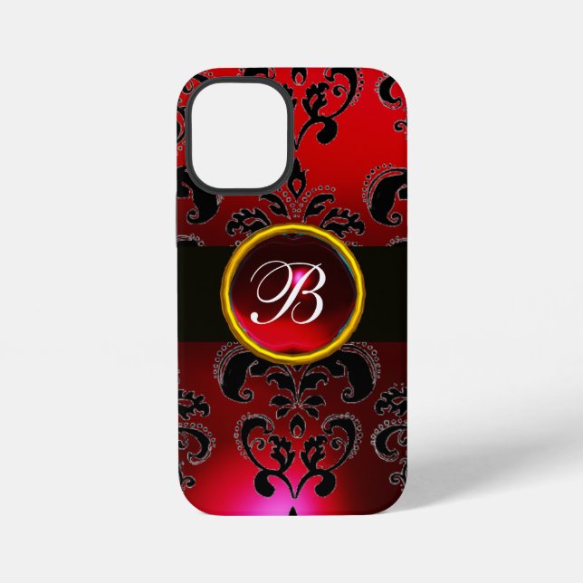 Funda Para iPhone BURGUNDA NEGRA Y ROJA DAMASK MONOGRAM, Ruby (Reverso )