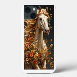 Caballo Blanco Adornado Con Flores Otoñales Vibran
